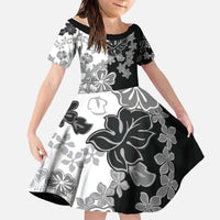 Gray Scale Hibiscus Plumeria Floral Family Matching Off The Shoulder Long Sleeve Dress and Hawaiian Shirt - Polynesian Pride