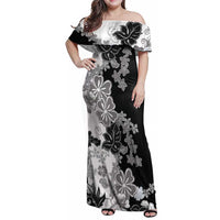 Gray Scale Hibiscus Plumeria Floral Family Matching Off Shoulder Maxi Dress and Hawaiian Shirt - Polynesian Pride
