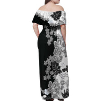 Gray Scale Hibiscus Plumeria Floral Family Matching Off Shoulder Maxi Dress and Hawaiian Shirt - Polynesian Pride