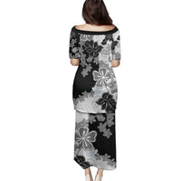 Gray Scale Hibiscus Plumeria Floral Family Matching Puletasi and Hawaiian Shirt LT01 - Polynesian Pride