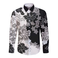Gray Scale Hibiscus Plumeria Floral Long Sleeve Button Shirt - Polynesian Pride