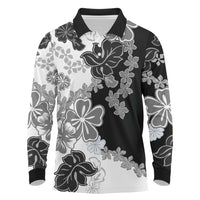Gray Scale Hibiscus Plumeria Floral Long Sleeve Polo Shirt - Polynesian Pride