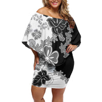 Gray Scale Hibiscus Plumeria Floral Off Shoulder Short Dress - Polynesian Pride