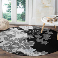 Gray Scale Hibiscus Plumeria Floral Round Carpet - Polynesian Pride