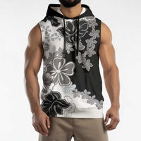 Gray Scale Hibiscus Plumeria Floral Sleeveless Hoodie - Polynesian Pride