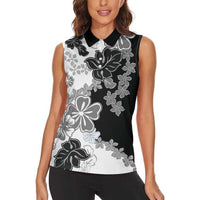 Gray Scale Hibiscus Plumeria Floral Women Sleeveless Polo Shirt - Polynesian Pride