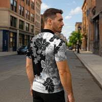 Gray Scale Hibiscus Plumeria Floral Zipper Polo Shirt - Polynesian Pride