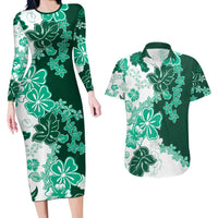 Green Hibiscus Plumeria Floral Couples Matching Long Sleeve Bodycon Dress and Hawaiian Shirt LT01 Green - Polynesian Pride