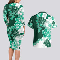 Green Hibiscus Plumeria Floral Couples Matching Long Sleeve Bodycon Dress and Hawaiian Shirt LT01 - Polynesian Pride