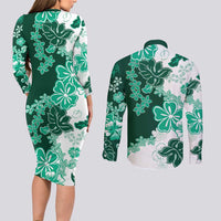 Green Hibiscus Plumeria Floral Couples Matching Long Sleeve Bodycon Dress and Long Sleeve Button Shirt - Polynesian Pride