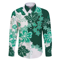 Green Hibiscus Plumeria Floral Family Matching Long Sleeve Bodycon Dress and Hawaiian Shirt LT01 Dad's Shirt - Long Sleeve Green - Polynesian Pride
