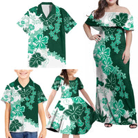 Green Hibiscus Plumeria Floral Family Matching Off Shoulder Maxi Dress and Hawaiian Shirt - Polynesian Pride