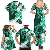 Green Hibiscus Plumeria Floral Family Matching Summer Maxi Dress and Hawaiian Shirt - Polynesian Pride