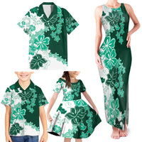 Green Hibiscus Plumeria Floral Family Matching Tank Maxi Dress and Hawaiian Shirt - Polynesian Pride