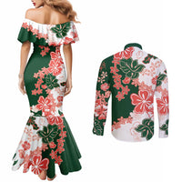 Green Orange Hibiscus Plumeria Floral Couples Matching Mermaid Dress and Long Sleeve Button Shirt - Polynesian Pride