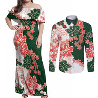 Green Orange Hibiscus Plumeria Floral Couples Matching Off Shoulder Maxi Dress and Long Sleeve Button Shirt - Polynesian Pride