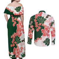 Green Orange Hibiscus Plumeria Floral Couples Matching Off Shoulder Maxi Dress and Long Sleeve Button Shirt - Polynesian Pride