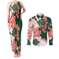 Green Orange Hibiscus Plumeria Floral Couples Matching Tank Maxi Dress and Long Sleeve Button Shirt - Polynesian Pride