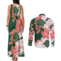 Green Orange Hibiscus Plumeria Floral Couples Matching Tank Maxi Dress and Long Sleeve Button Shirt - Polynesian Pride