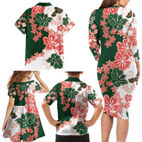 Green Orange Hibiscus Plumeria Floral Family Matching Long Sleeve Bodycon Dress and Hawaiian Shirt LT01 - Polynesian Pride