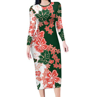 Green Orange Hibiscus Plumeria Floral Family Matching Long Sleeve Bodycon Dress and Hawaiian Shirt LT01 Mom's Dress Orange - Polynesian Pride