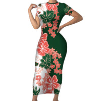 Green Orange Hibiscus Plumeria Floral Short Sleeve Bodycon Dress - Polynesian Pride