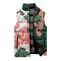 Green Orange Hibiscus Plumeria Floral Sleeveless Puffer Jacket - Polynesian Pride