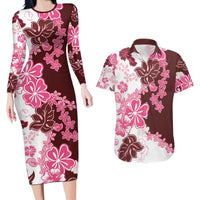 Pink Hibiscus Plumeria Floral Couples Matching Long Sleeve Bodycon Dress and Hawaiian Shirt LT01 Pink - Polynesian Pride