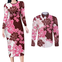 Pink Hibiscus Plumeria Floral Couples Matching Long Sleeve Bodycon Dress and Long Sleeve Button Shirt - Polynesian Pride
