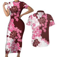 Pink Hibiscus Plumeria Floral Couples Matching Short Sleeve Bodycon Dress and Hawaiian Shirt LT01 Pink - Polynesian Pride
