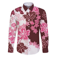 Pink Hibiscus Plumeria Floral Family Matching Long Sleeve Bodycon Dress and Hawaiian Shirt LT01 Dad's Shirt - Long Sleeve Pink - Polynesian Pride