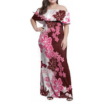 Pink Hibiscus Plumeria Floral Family Matching Off Shoulder Maxi Dress and Hawaiian Shirt - Polynesian Pride