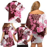 Pink Hibiscus Plumeria Floral Family Matching Off Shoulder Short Dress and Hawaiian Shirt - Polynesian Pride