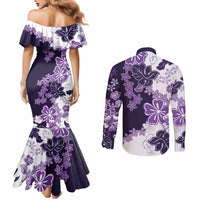 Purple Hibiscus Plumeria Floral Couples Matching Mermaid Dress and Long Sleeve Button Shirt - Polynesian Pride