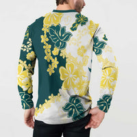 Yelow Teal Hibiscus Plumeria Floral Button Sweatshirt - Polynesian Pride