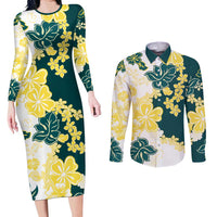 Yelow Teal Hibiscus Plumeria Floral Couples Matching Long Sleeve Bodycon Dress and Long Sleeve Button Shirt - Polynesian Pride