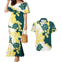 Yelow Teal Hibiscus Plumeria Floral Couples Matching Mermaid Dress and Hawaiian Shirt LT01 Yellow - Polynesian Pride