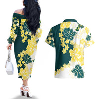 Yelow Teal Hibiscus Plumeria Floral Couples Matching Off The Shoulder Long Sleeve Dress and Hawaiian Shirt - Polynesian Pride