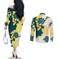 Yelow Teal Hibiscus Plumeria Floral Couples Matching Off The Shoulder Long Sleeve Dress and Long Sleeve Button Shirt - Polynesian Pride