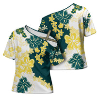 Yelow Teal Hibiscus Plumeria Floral Cross Shoulder Shirt - Polynesian Pride