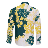 Yelow Teal Hibiscus Plumeria Floral Family Matching Off The Shoulder Long Sleeve Dress and Hawaiian Shirt - Polynesian Pride