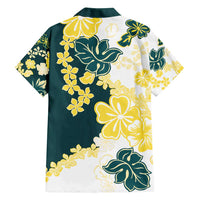Yelow Teal Hibiscus Plumeria Floral Family Matching Off Shoulder Short Dress and Hawaiian Shirt - Polynesian Pride