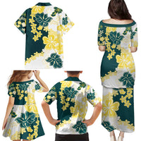 Yelow Teal Hibiscus Plumeria Floral Family Matching Puletasi and Hawaiian Shirt LT01 - Polynesian Pride