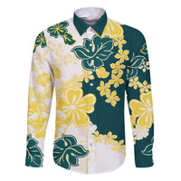 Yelow Teal Hibiscus Plumeria Floral Family Matching Puletasi and Hawaiian Shirt LT01 Dad's Shirt - Long Sleeve Yellow - Polynesian Pride