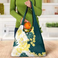 Yelow Teal Hibiscus Plumeria Floral Grocery Bag - Polynesian Pride