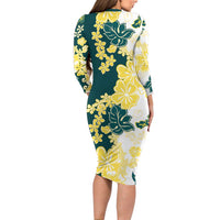 Yelow Teal Hibiscus Plumeria Floral Long Sleeve Bodycon Dress - Polynesian Pride