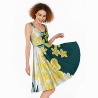 Yelow Teal Hibiscus Plumeria Floral Midi Dress - Polynesian Pride