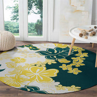 Yelow Teal Hibiscus Plumeria Floral Round Carpet - Polynesian Pride