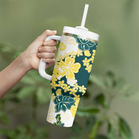 Yelow Teal Hibiscus Plumeria Floral Tumbler With Handle - Polynesian Pride