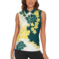 Yelow Teal Hibiscus Plumeria Floral Women Sleeveless Polo Shirt - Polynesian Pride